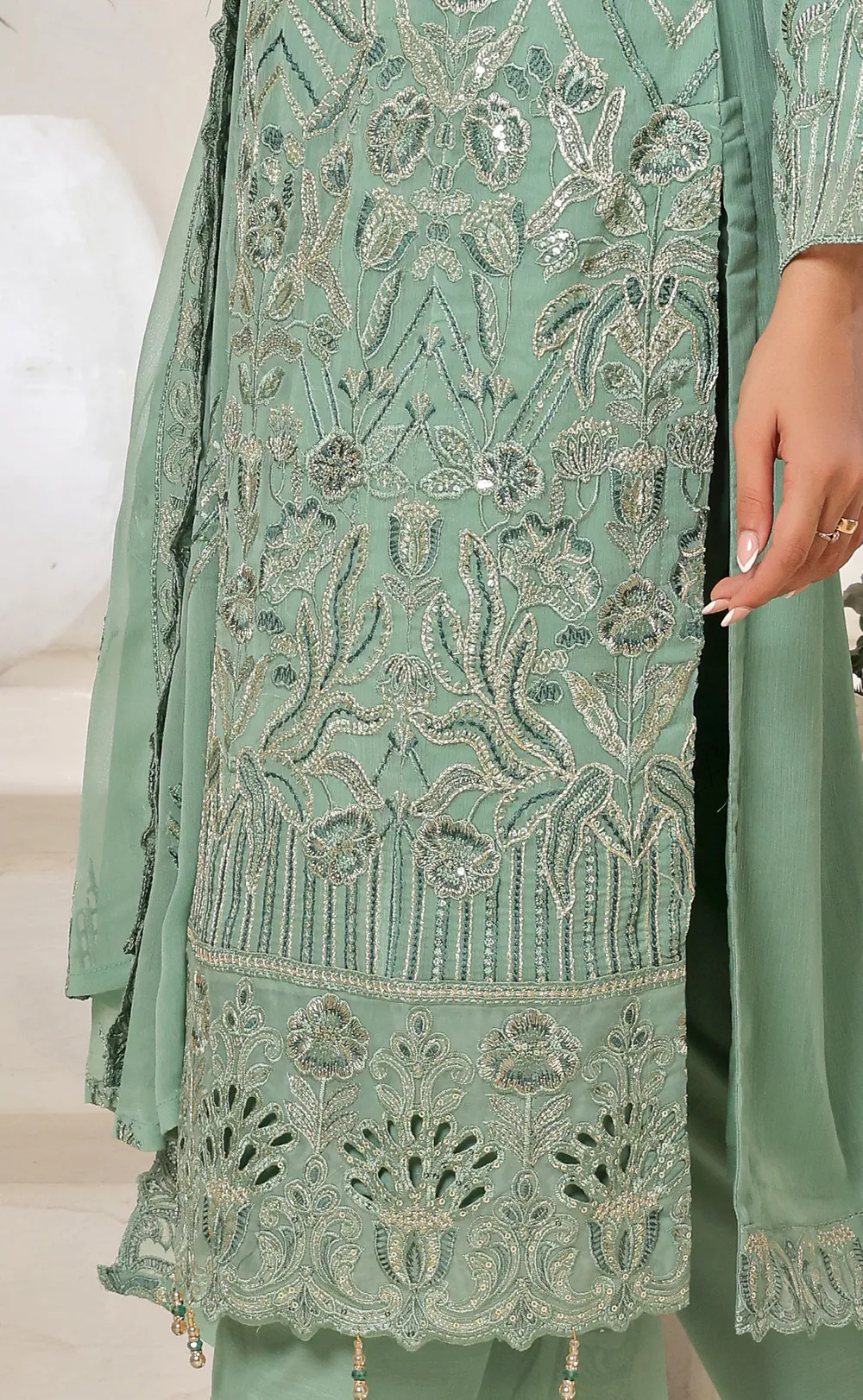 Elegant Sea Green Embroidered Chiffon Suit