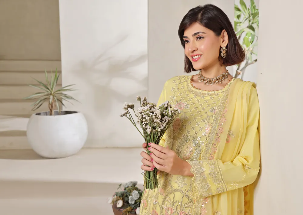 Radiant Lemon Yellow Embroidered Chiffon Outfit