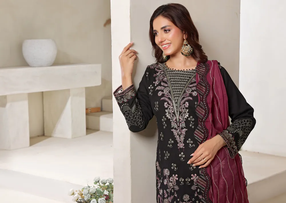 Classy Black Embroidered Ensemble with Plum Accents
