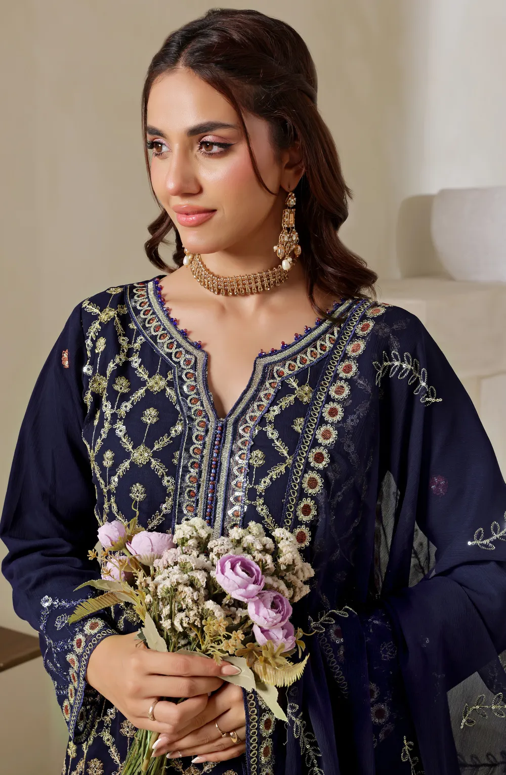 Majestic Navy Blue Embroidered Chiffon Dress