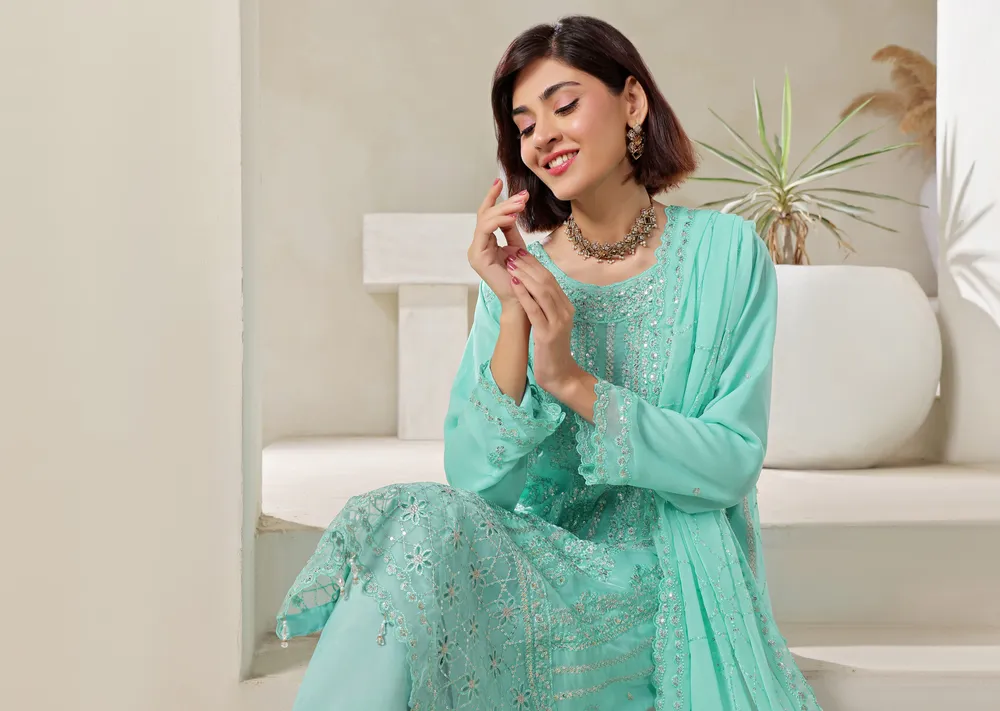 Celestial Mint Embroidered Chiffon Suit