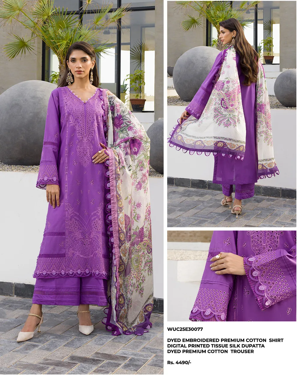 Mauve Cotton Embroidered Suit