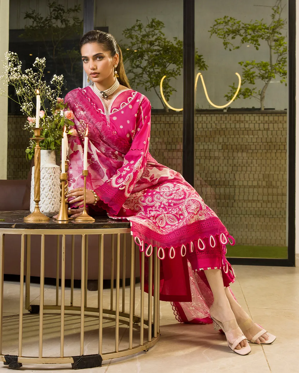 Magenta Floral Embroidered Suit
